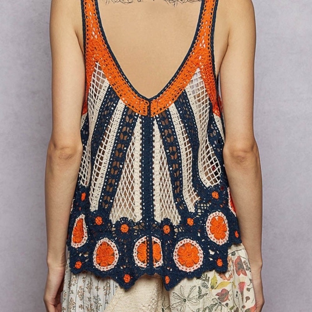 New Pol V Neck Sleeveless Flowy Fit Crochet Scalloped Edge Tank Top One Size Fit - Picture 3 of 10